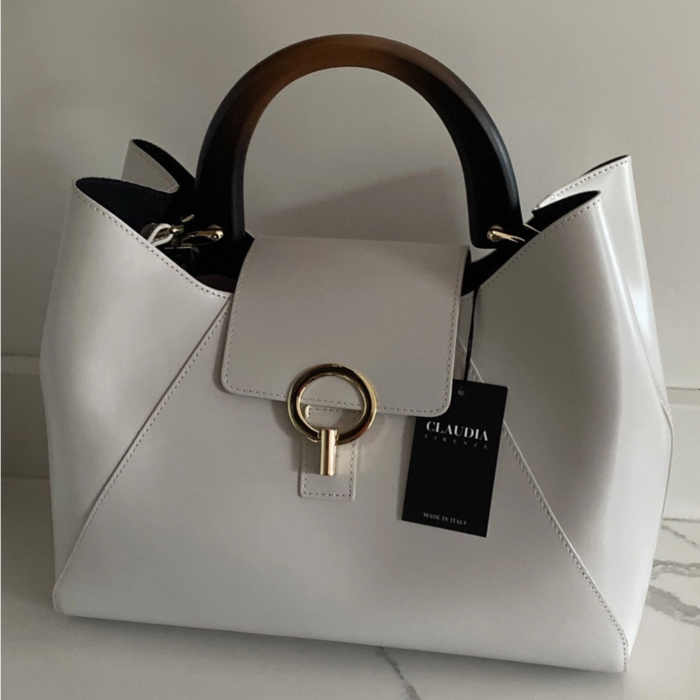 🆕 Claudia Firenze Isadora 🇮🇹 Handbag Wooden Handle Cream Italian Leather Satchel - Picture 14 of 16
